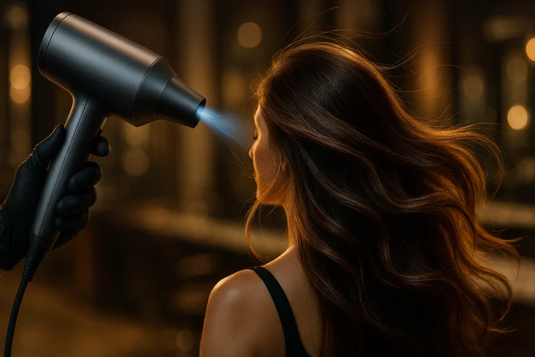 alt="Secador de cabelo profissional de alta tecnologia secando cabelo longo e brilhante em um salão de luxo, ilustrando o guia de melhores modelos de 2026.